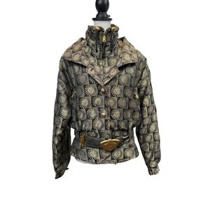 Bogner Vintage Celestial Sun Jacquard Belted Ski Jacket Women size 12 Gold Black